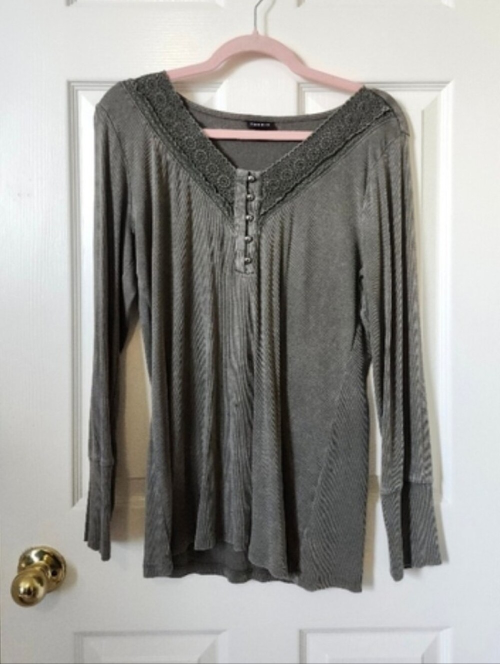 Torrid Gray Lace-Trim Henley Long Sleeve Top